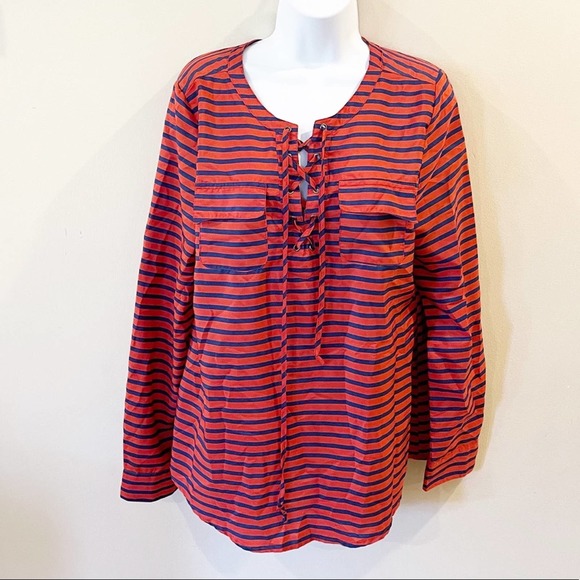 Umgee Tops - Umgee Tie Front Striped Blouse Orange Size Large